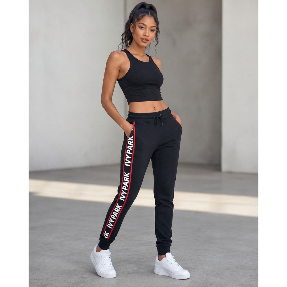 Ivy Park Black Logo Tape Joggers Sweatpants Sporty Streetwear Small Athleisure